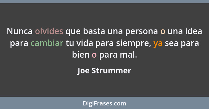 Nunca olvides que basta una persona o una idea para cambiar tu vida para siempre, ya sea para bien o para mal.... - Joe Strummer