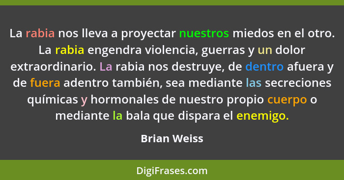 La rabia nos lleva a proyectar nuestros miedos en el otro. La rabia engendra violencia, guerras y un dolor extraordinario. La rabia nos... - Brian Weiss