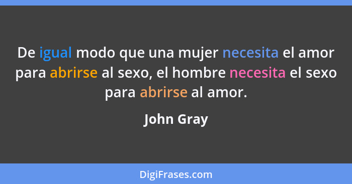 De igual modo que una mujer necesita el amor para abrirse al sexo, el hombre necesita el sexo para abrirse al amor.... - John Gray