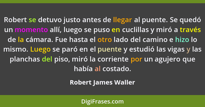 Robert se detuvo justo antes de llegar al puente. Se quedó un momento allí, luego se puso en cuclillas y miró a través de la cám... - Robert James Waller