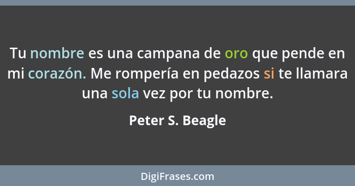 Tu nombre es una campana de oro que pende en mi corazón. Me rompería en pedazos si te llamara una sola vez por tu nombre.... - Peter S. Beagle