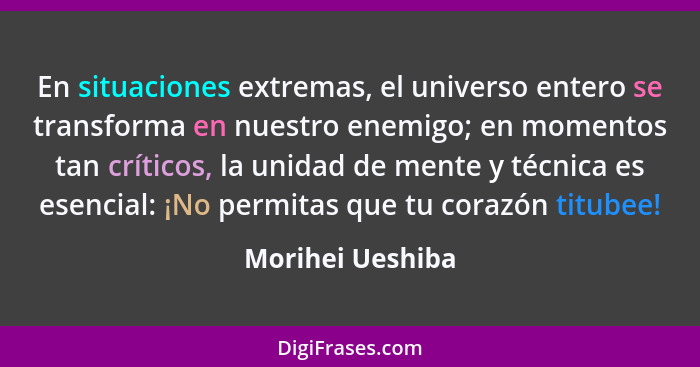 En situaciones extremas, el universo entero se transforma en nuestro enemigo; en momentos tan críticos, la unidad de mente y técnica... - Morihei Ueshiba