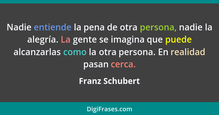 Nadie entiende la pena de otra persona, nadie la alegría. La gente se imagina que puede alcanzarlas como la otra persona. En realidad... - Franz Schubert