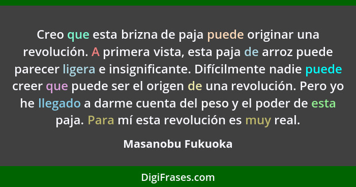 Creo que esta brizna de paja puede originar una revolución. A primera vista, esta paja de arroz puede parecer ligera e insignifican... - Masanobu Fukuoka