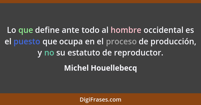 Lo que define ante todo al hombre occidental es el puesto que ocupa en el proceso de producción, y no su estatuto de reproductor.... - Michel Houellebecq