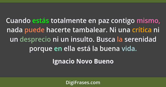 Cuando estás totalmente en paz contigo mismo, nada puede hacerte tambalear. Ni una crítica ni un desprecio ni un insulto. Busca l... - Ignacio Novo Bueno