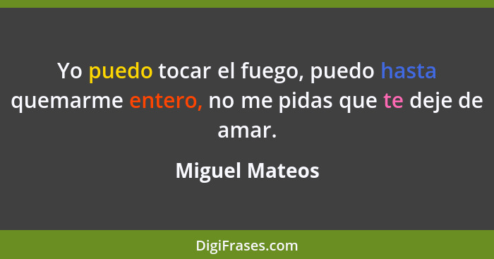 Yo puedo tocar el fuego, puedo hasta quemarme entero, no me pidas que te deje de amar.... - Miguel Mateos