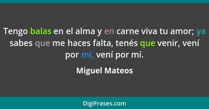 Tengo balas en el alma y en carne viva tu amor; ya sabes que me haces falta, tenés que venir, vení por mí, vení por mí.... - Miguel Mateos